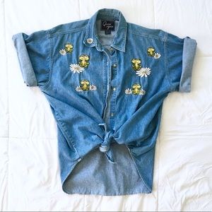 90s Vintage Denim Tie-knot  Daisy Frog Embriodery